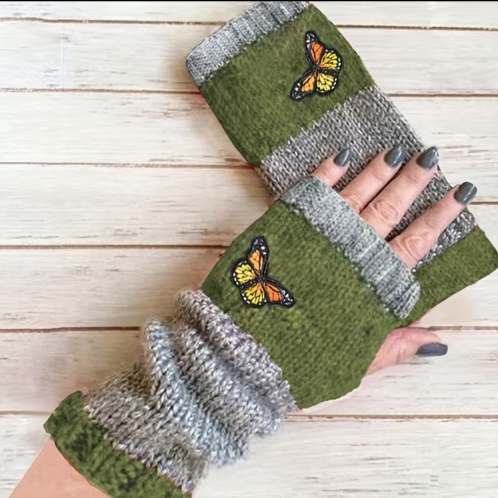 Green and Gray Fingerless Gloves with Butterfly Design